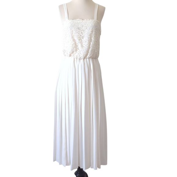 Vintage Dress 60s 70s Womens M Cream White Pleated Lace Feminine Wedding Event - Picture 2 of 7